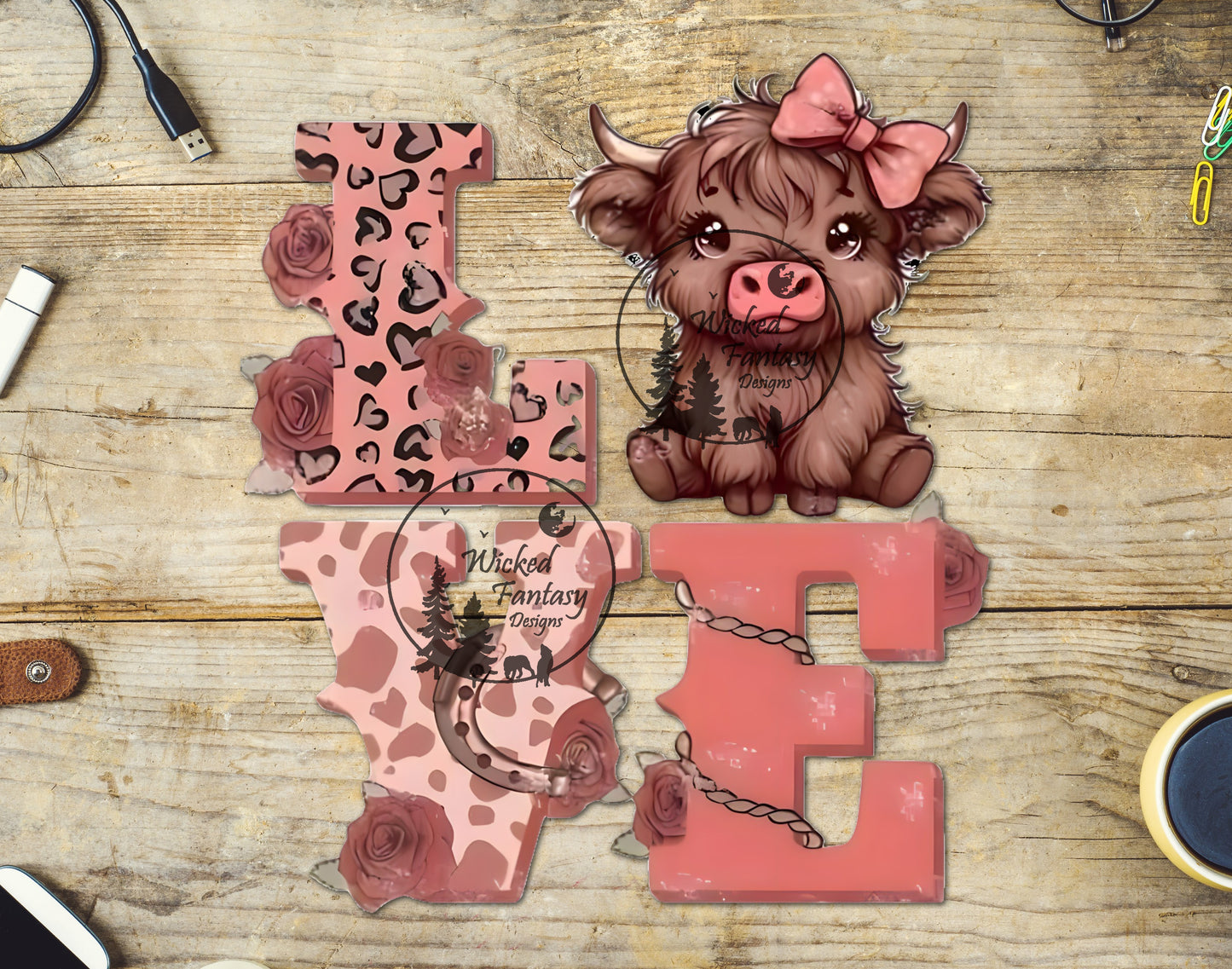 UVDTF Decal LOVE Highland Cow Pink