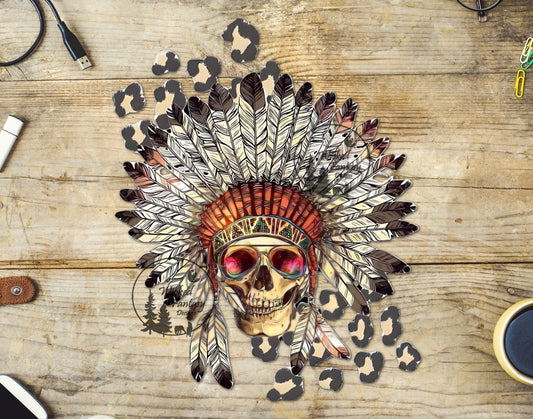 UVDTF Decal Native American Headdress on Skull with Sunglasses Leopard Print