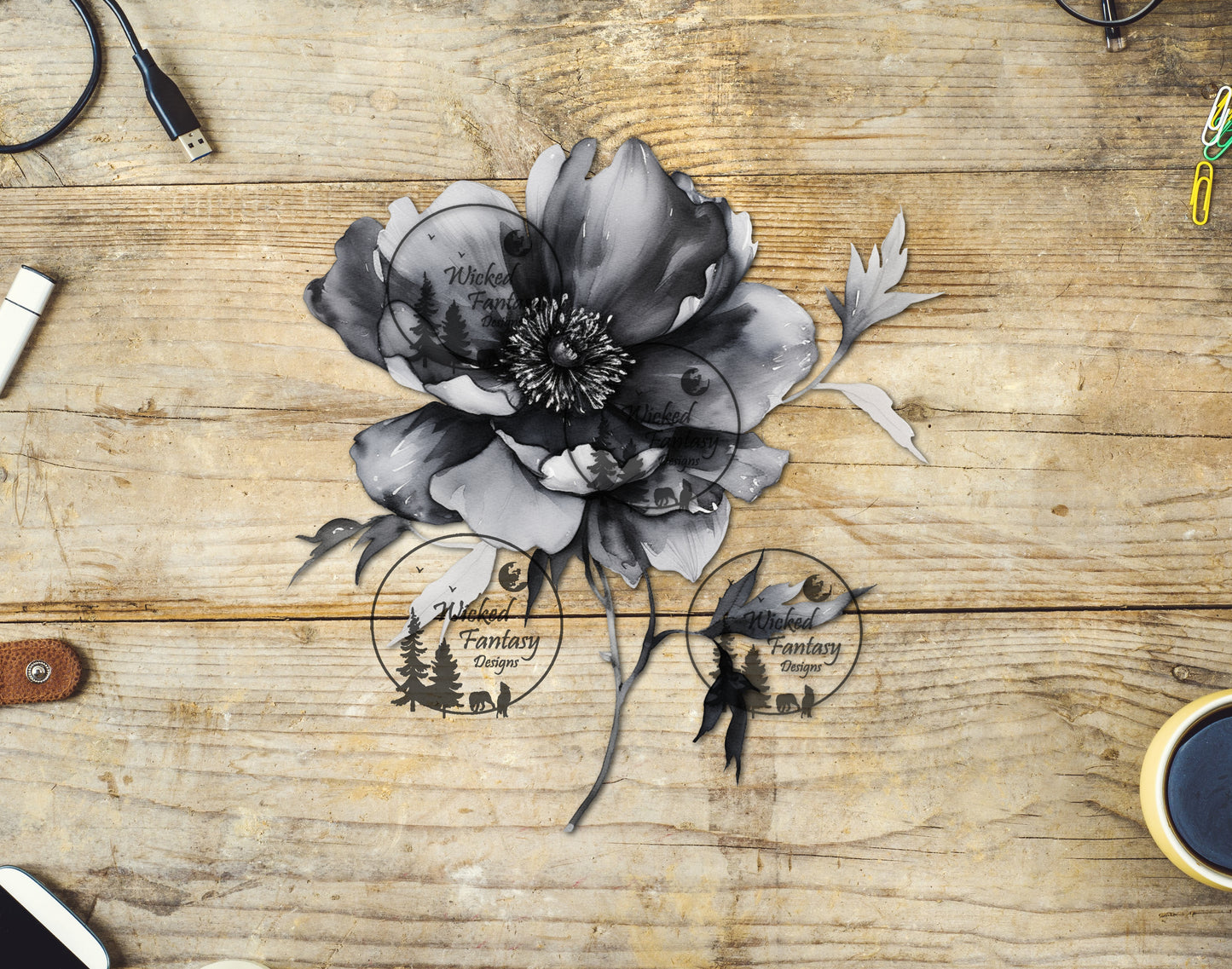UVDTF Black and Grey Flower