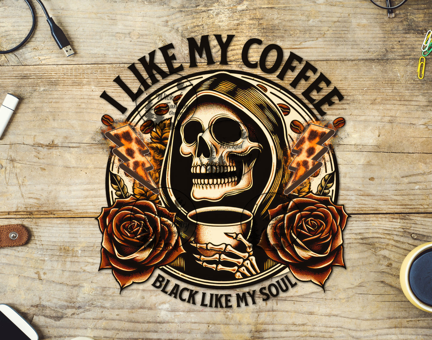 UVDTF I Like My Coffee Black Like My Soul Sarcastic Funny Skeleton