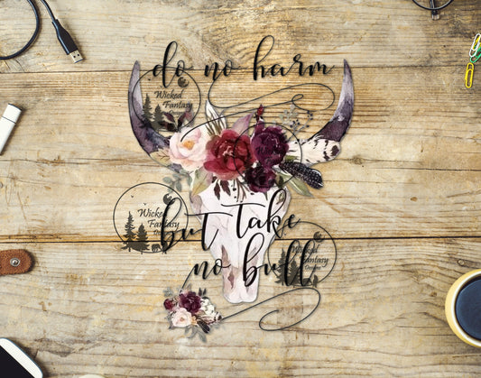 UVDTF Do No Harm But Take No Bull Boho Cow Skull Roses