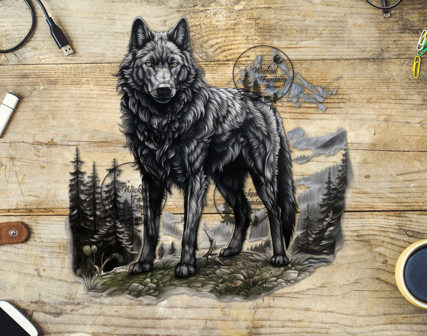 UVDTF Decal Black Wolf on a Mountain