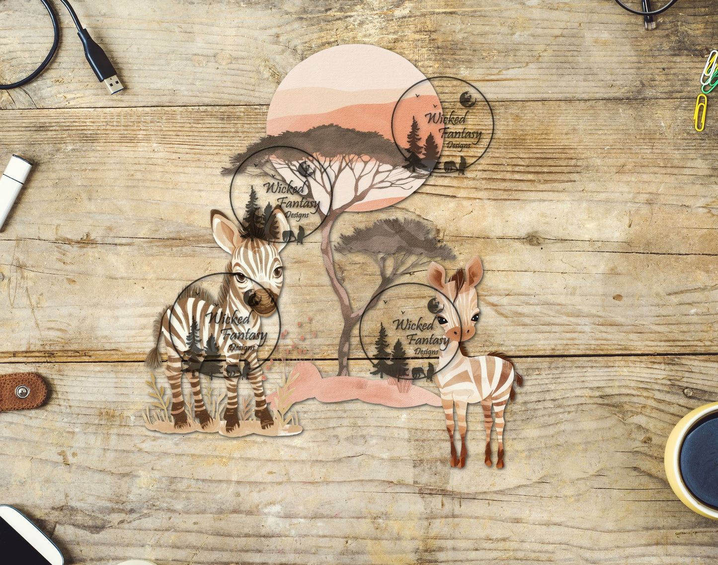 UVDTF Watercolor Zebras and Tree Savanna Safari