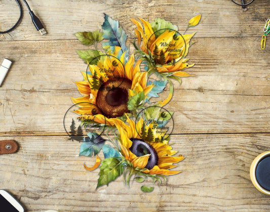 UVDTF Sunflower and Teal Watercolor Flower Bouquet Arrangement