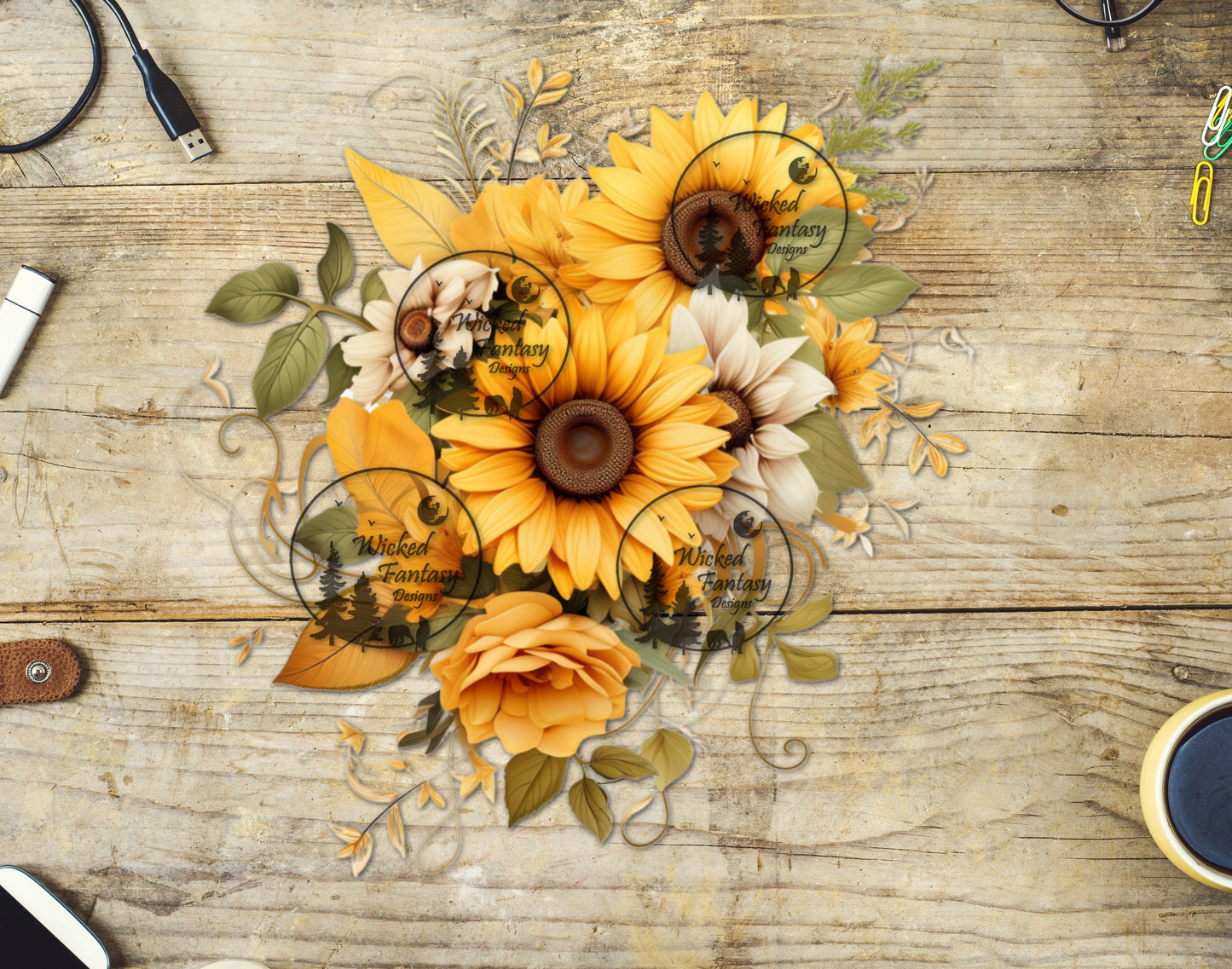 UVDTF Sunflower and Cream Flower Bouquet Arrangement