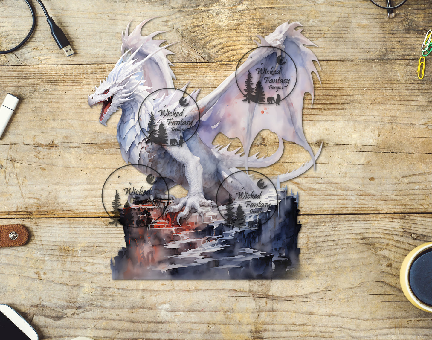 UVDTF Fantasy White Dragon on Cliff