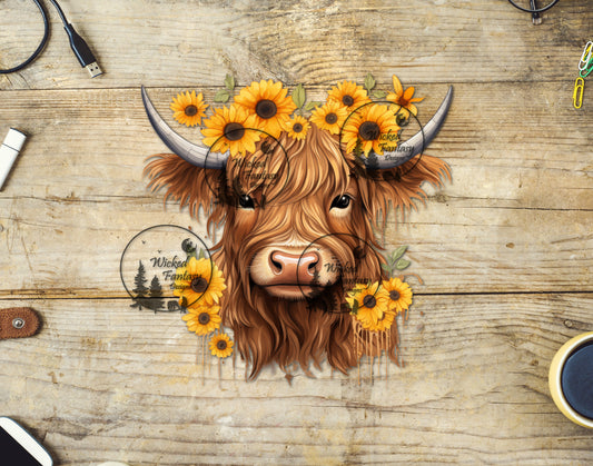 UVDTF Highland Cow with Sunflowers
