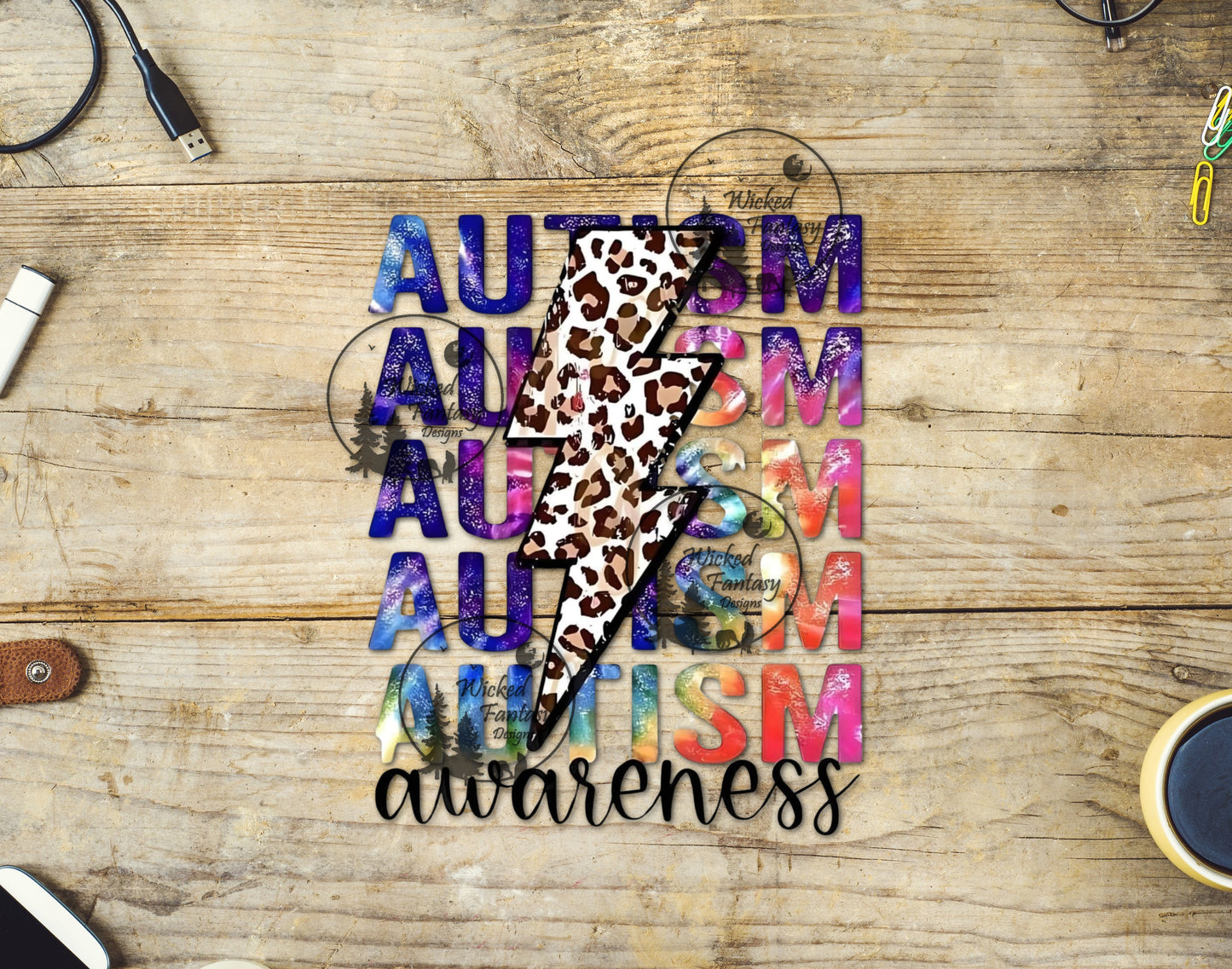 UVDTF Autism Awareness Rainbow Tie-dye Leopard