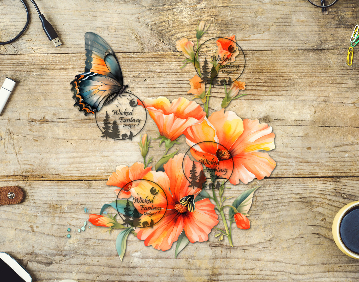 UVDTF Orange and Coral Butterfly and Flowers