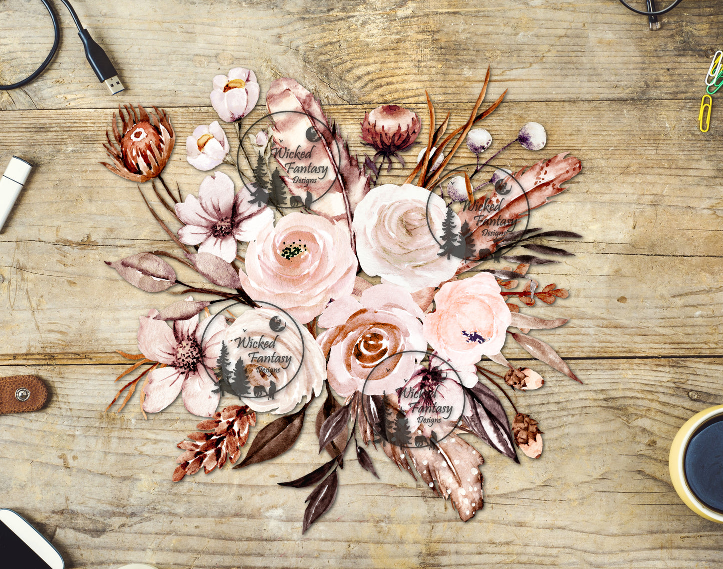 UVDTF Boho Light Pink Cream Rust Feathers and Flower Arrangement