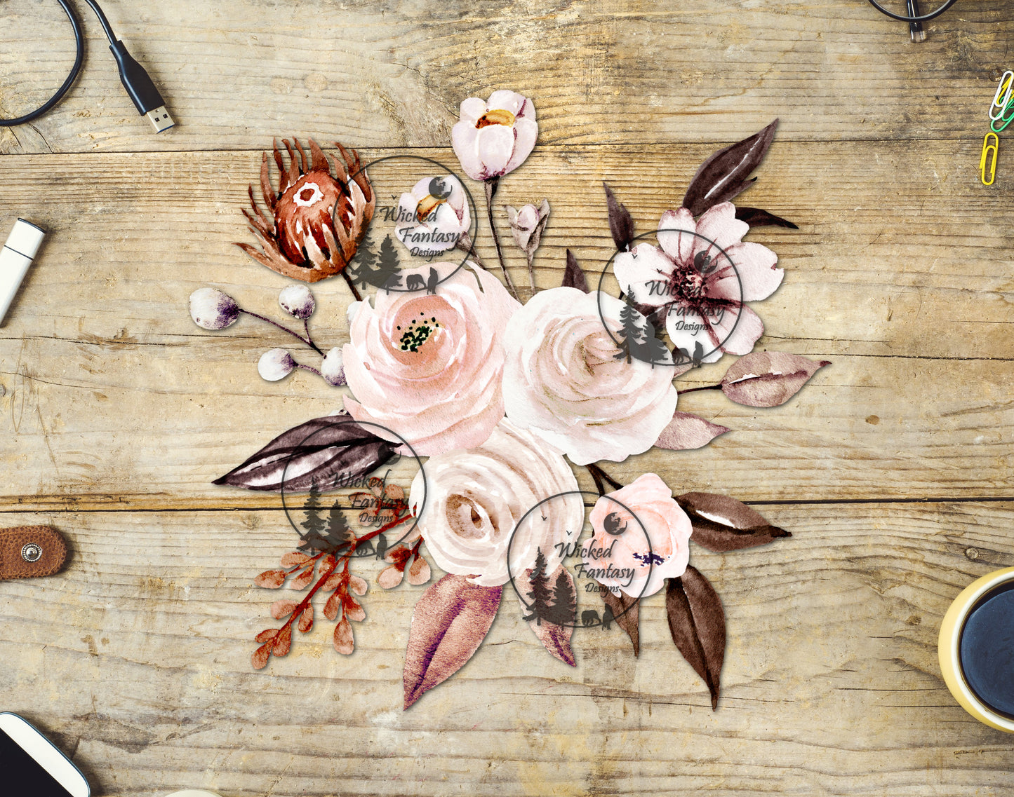 UVDTF Boho Pink Cream Rust Feathers and Flower Arrangement