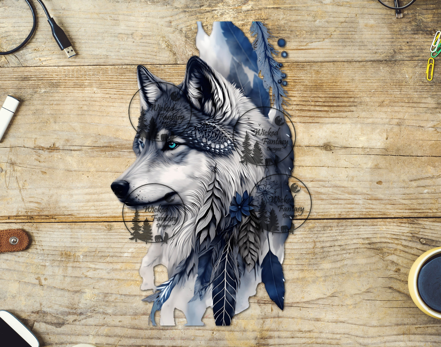 UVDTF Wolf with Blue Feathers