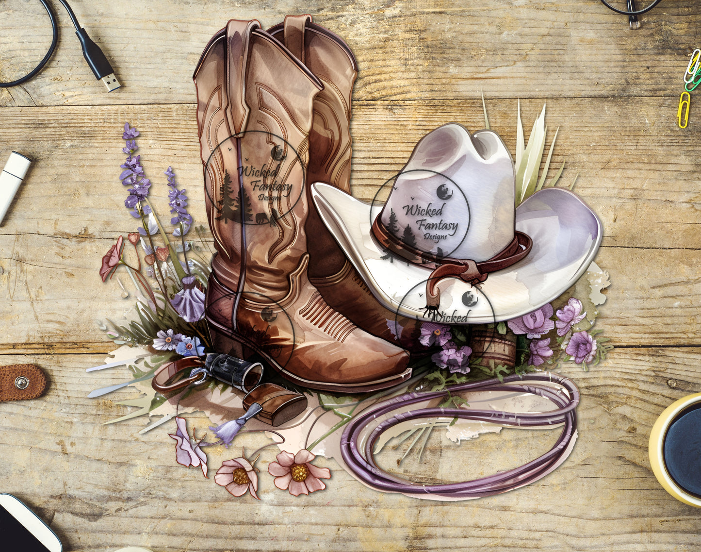 UVDTF Cowgirl Boots and Hat Lavender Flowers