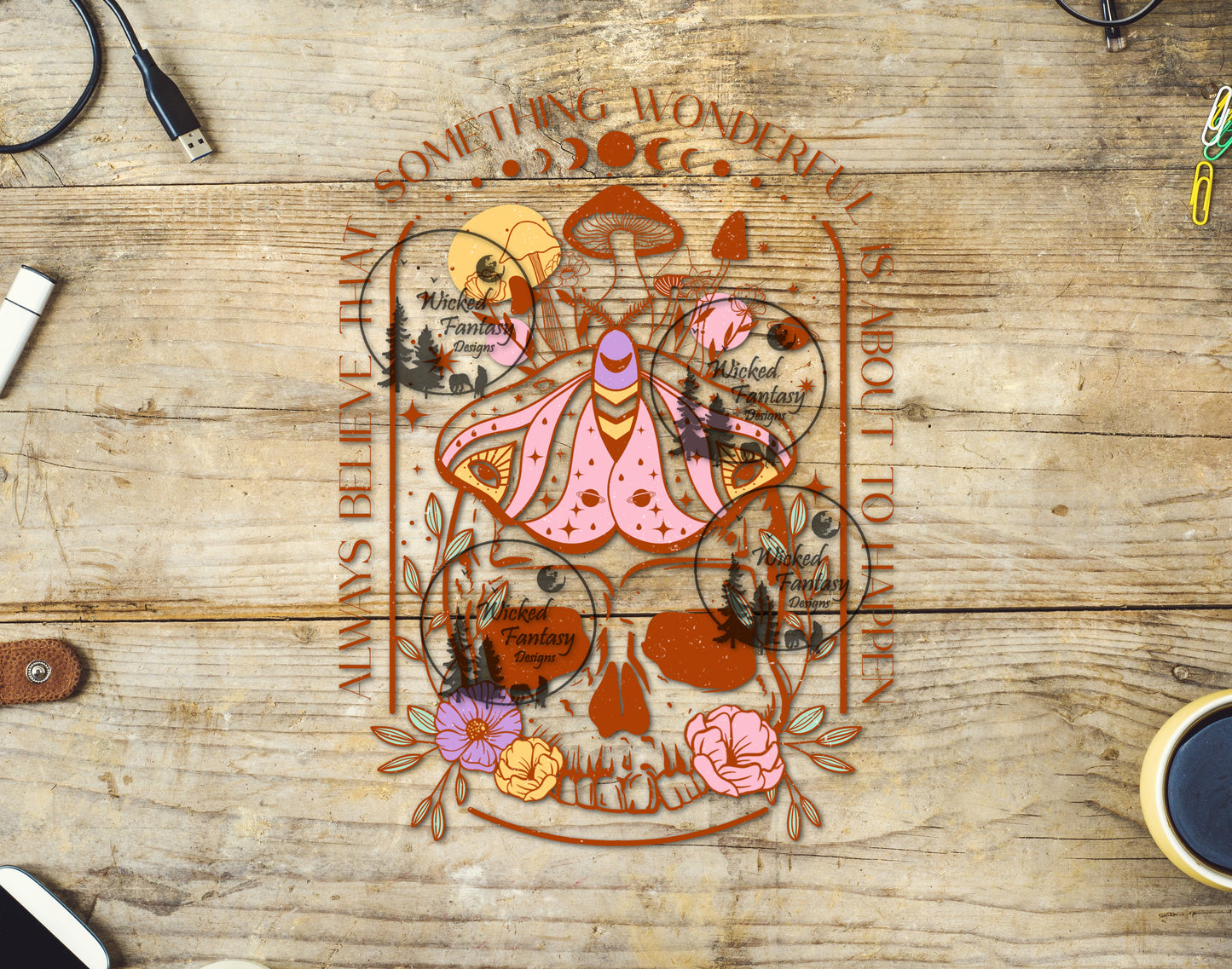 UVDTF Decal Always Believe Something Wonderful Inspirational Magic Skull Mushroom Moth Transparent Background sticker 1pc