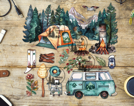 UVDTF Decal Camping Trees Mountains Retro Van Elements 9"x9"