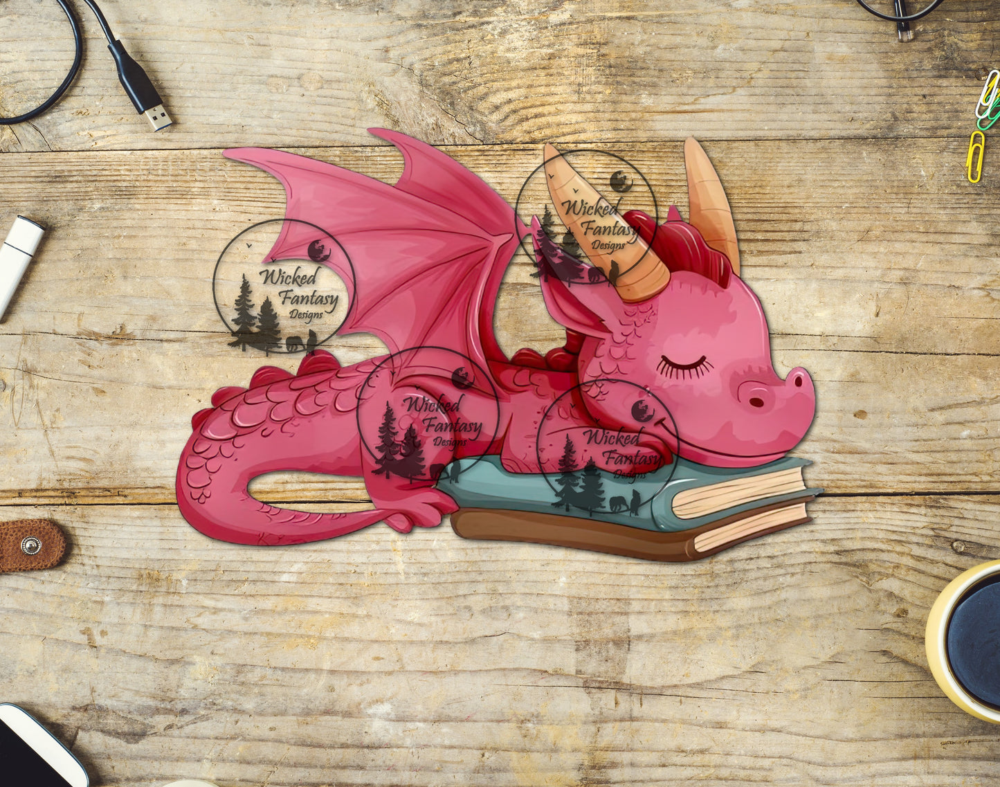 UVDTF Baby Pink Dragon Sleeping on Books