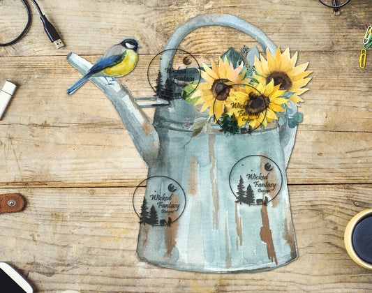 UVDTF Watercolor Songbird and Sun Flowers in a Watering Can