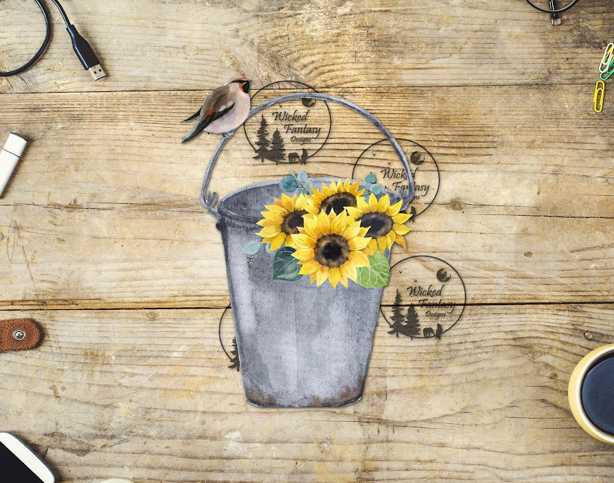UVDTF Watercolor Songbird and Sunflowers in a Bucket
