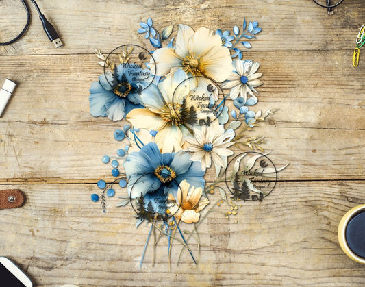 UVDTF Pale Blue and Light Yellow Floral Arrangement