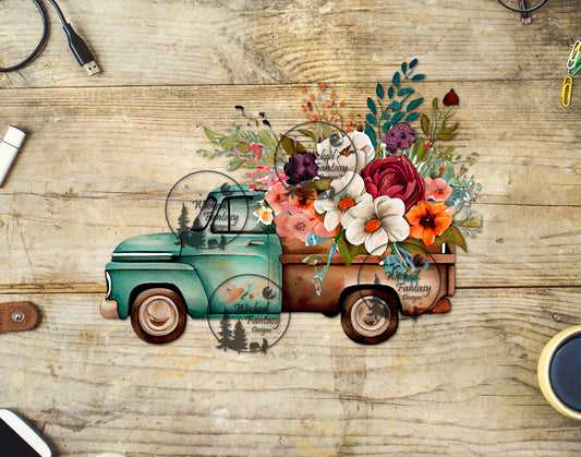 UVDTF Retro Teal Truck with Flower Arrangement