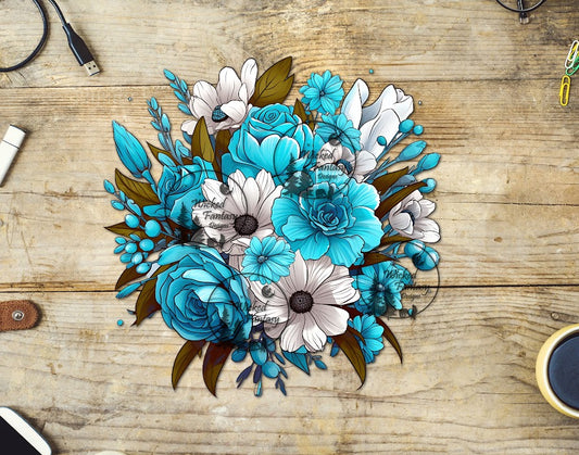 UVDTF Teal and White Roses Floral Arrangement