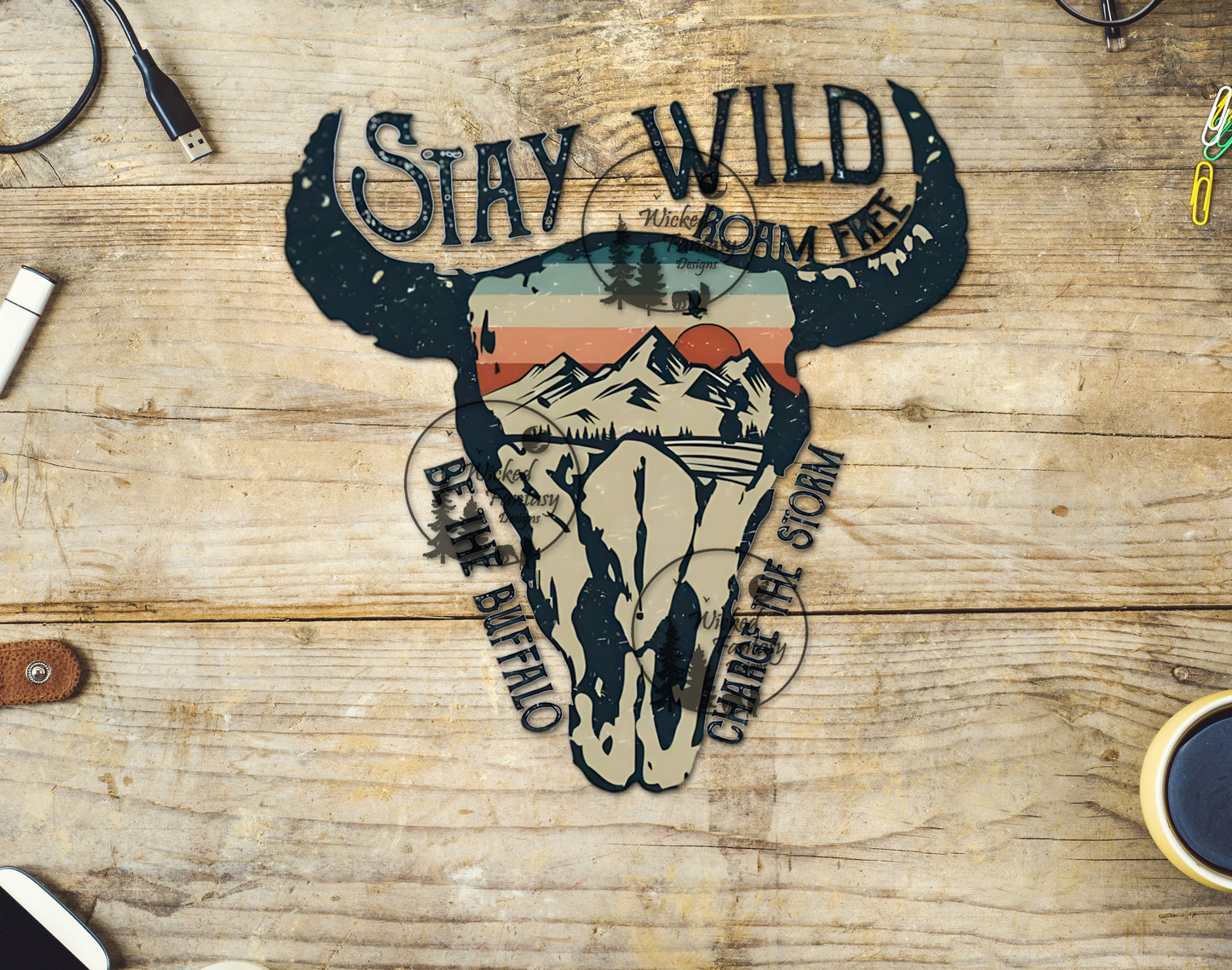 UVDTF Stay Wild Cow Skull Mountain Sunset