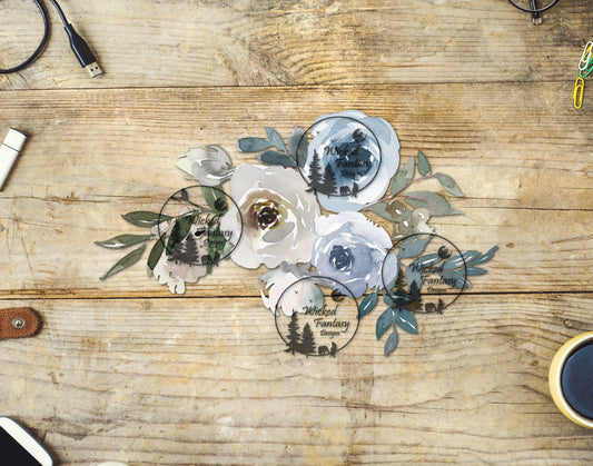 UVDTF Watercolor Blue and Grey Flower Arrangement
