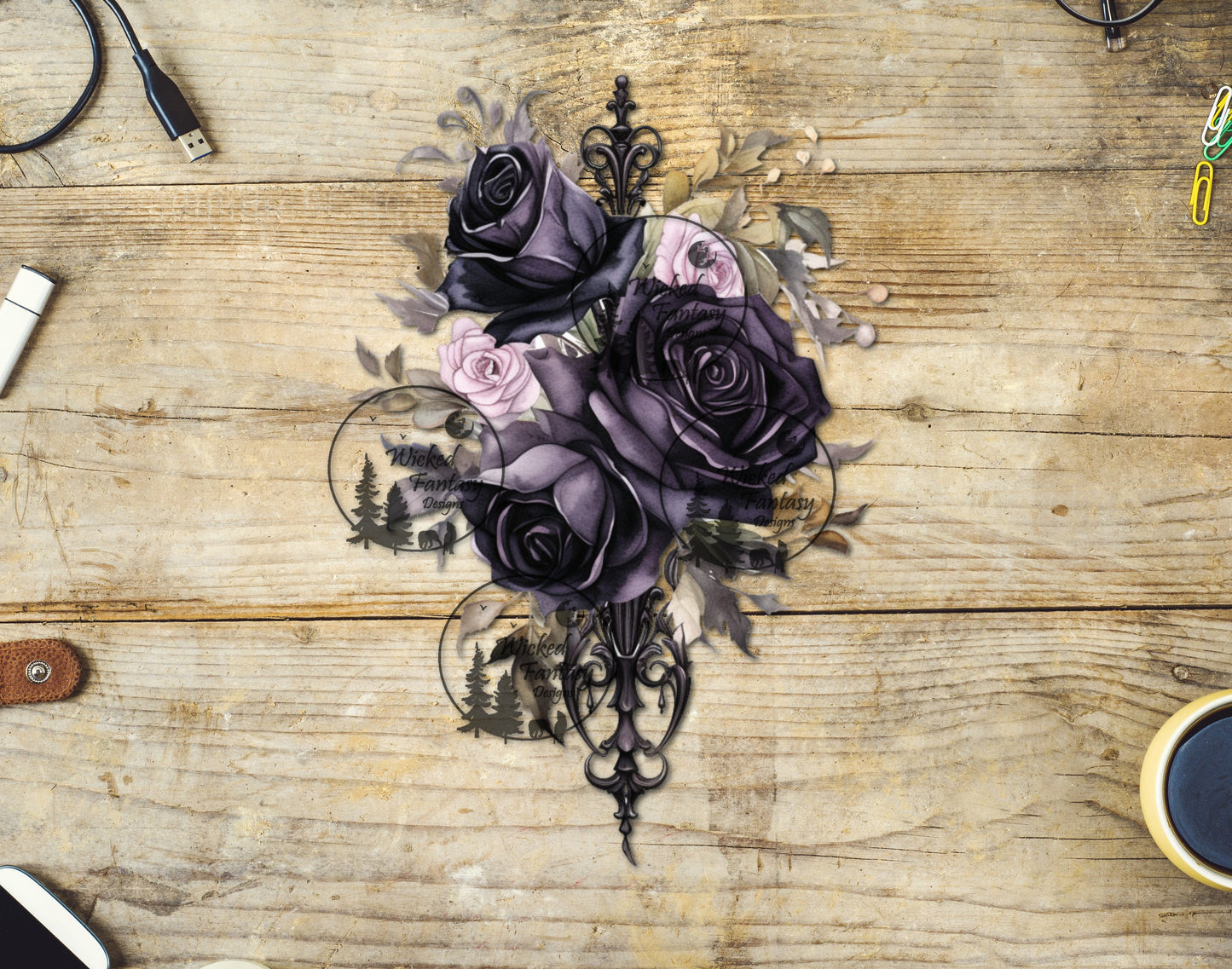 UVDTF Light Pink and Dark Eggplant Purple Flower Arrangement