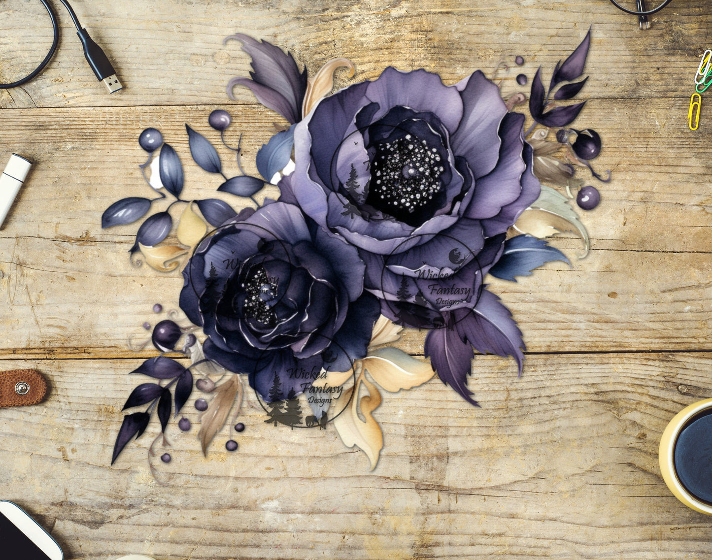 UVDTF Periwinkle and Dark Eggplant Purple Flower Arrangement