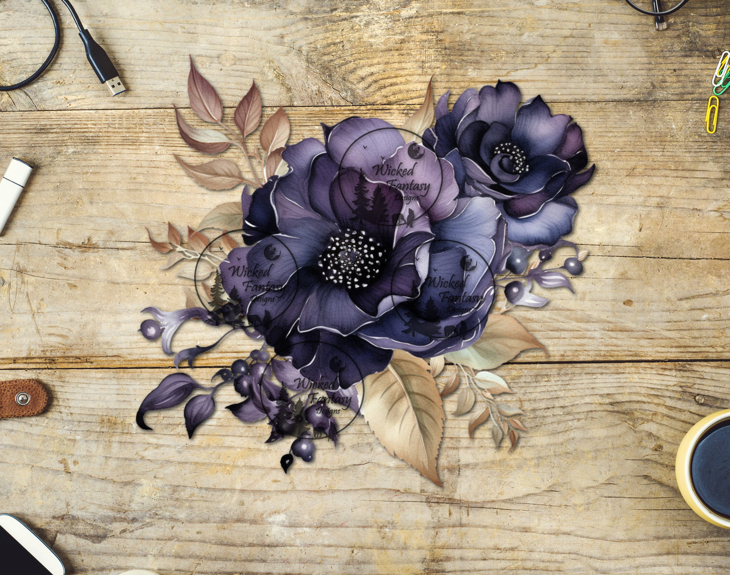 UVDTF Dark Eggplant Purple Flower Arrangement