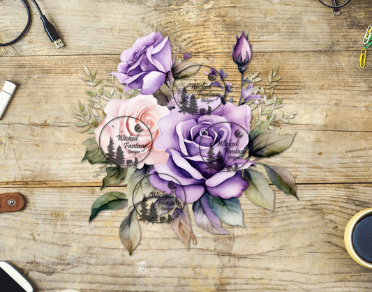 UVDTF Cream and Light Purple Rose Flower Arrangement