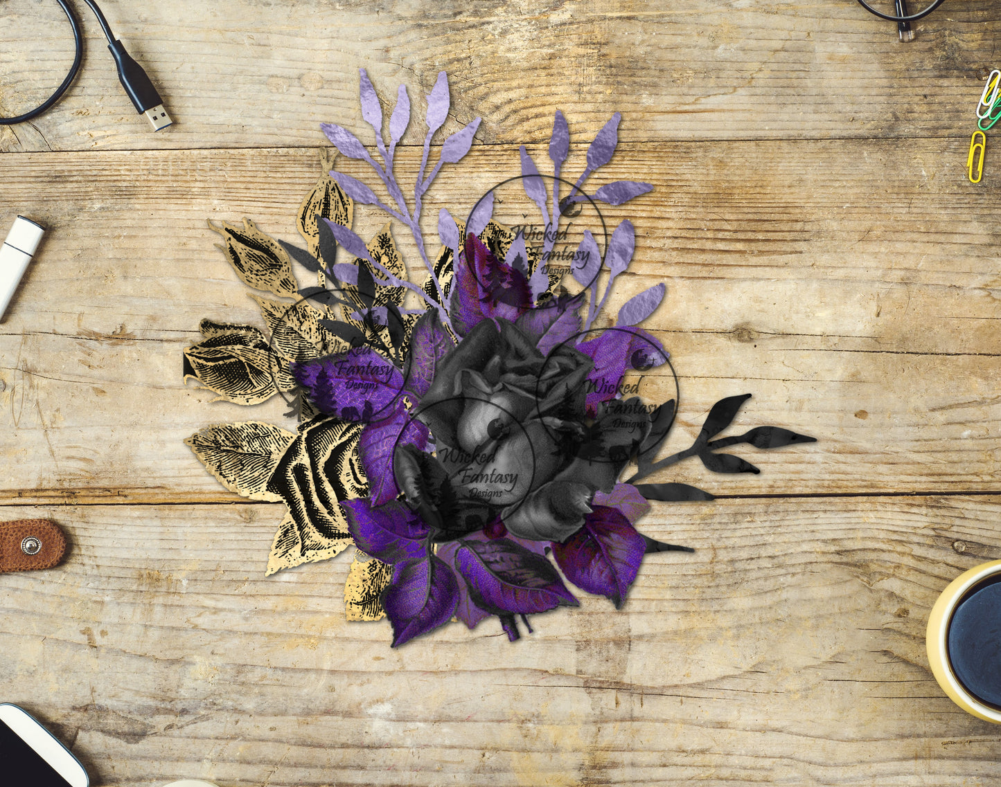 UVDTF Purple Black Gold Flower Bouquet Arrangement