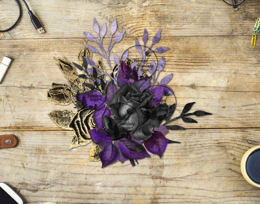 UVDTF Purple Black Gold Flower Bouquet Arrangement