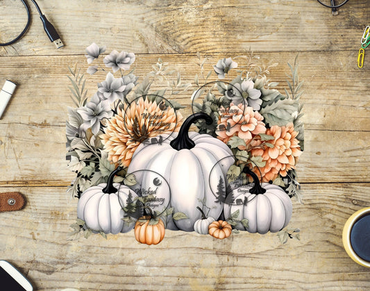 UVDTF White Cream Grey and Peach Pumpkins and Flowers
