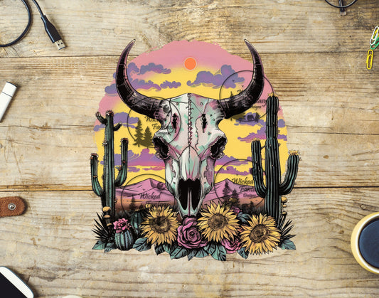 UVDTF Cow Skull Pink Yellow Sunrise