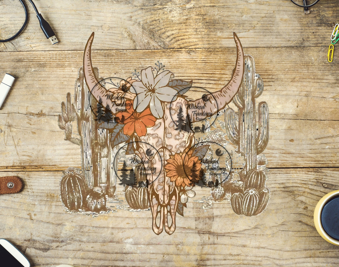 UVDTF Orange Sage and Tan Cow Skull With Leopard