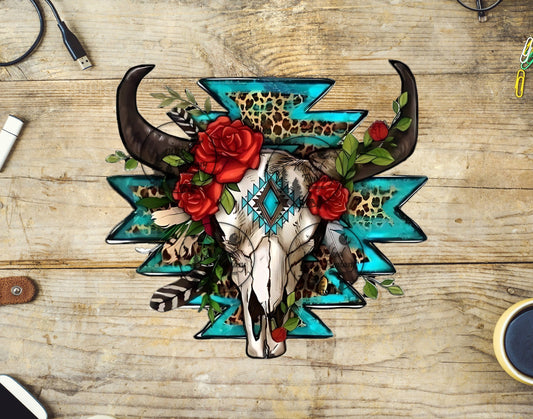 UVDTF Cow Skull with Red Roses