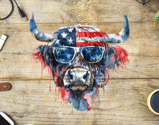 UVDTF Patriotic Highland Cow with Sunglasses