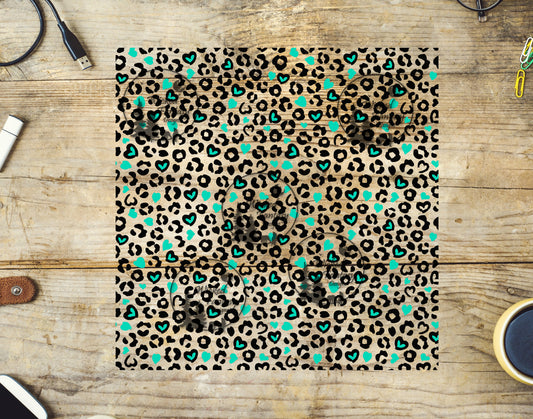 UVDTF Decal Leopard Print Hearts Aqua Tumbler Element