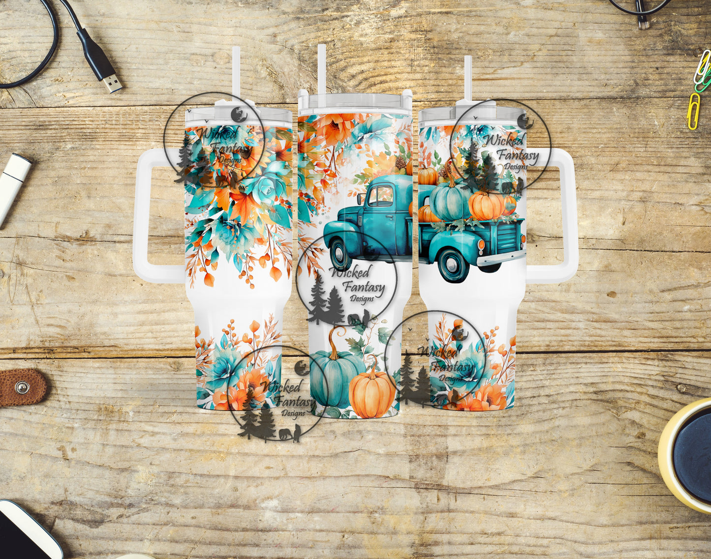 UVDTF Decal Element 40oz Tumbler Wrap Teal Flowers and Pumpkins Vintage Truck