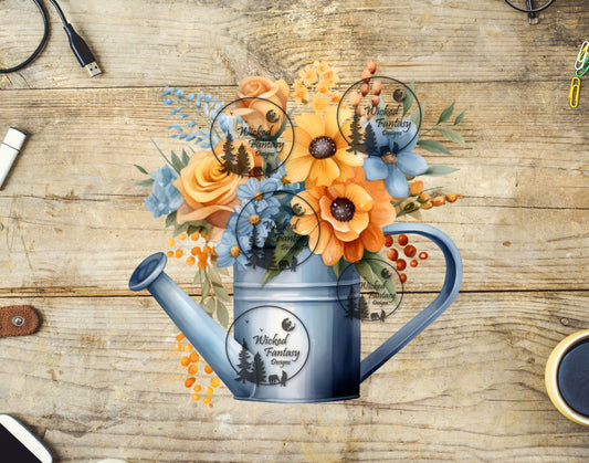 UVDTF Watering Can with Blue and Yellow Flowers