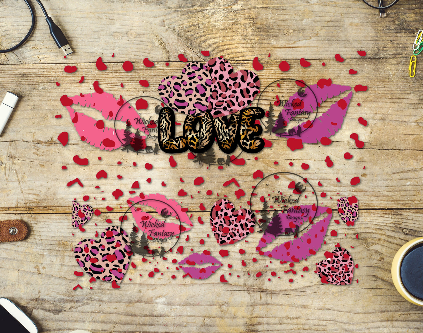 UVDTF Love Leopard Hearts and Lips 16oz 40oz Tumbler Wrap Element