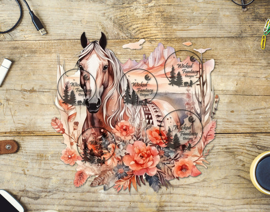 UVDTF Palomino Horse with Coral Flowers