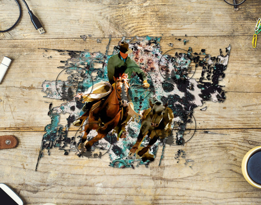 UVDTF Reined Cowhorse on Cowhide and Turquoise Background