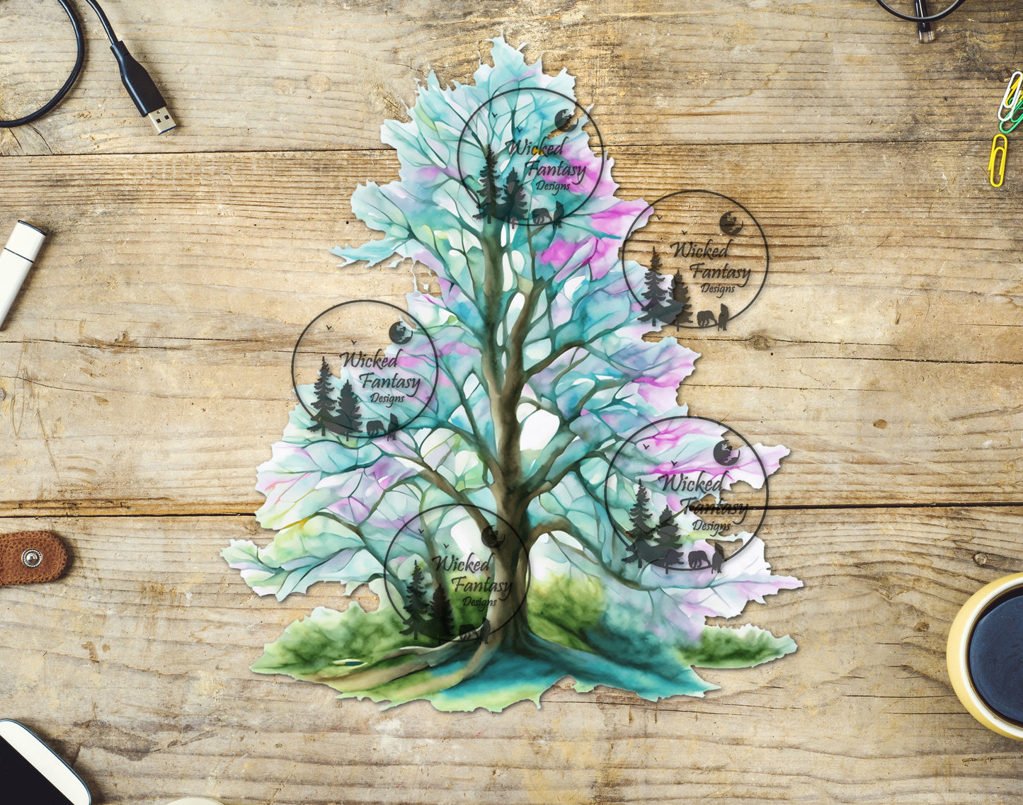 UVDTF Element Teal Pink Spring Green Tree 5"x7"