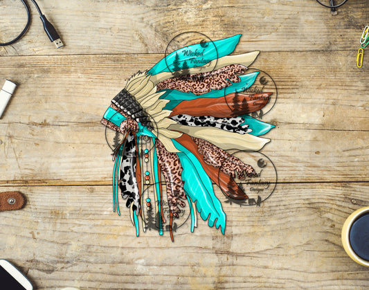 UVDTF Teal Leopard and Cow Print Native Headdress