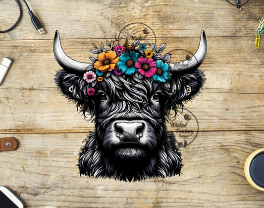 UVDTF Black and White Highland Cow with Flower Crown