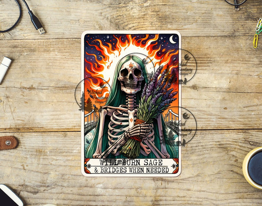 UVDTF Will Burn Sage and Bridges Skeleton Tarot Card