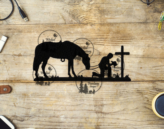 UVDTF Horse and Rider Kneeling Silhouette Cross Faith