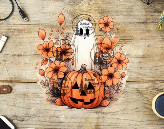 UVDTF Halloween Cute Tall Smiling Ghost Pumpkins Flowers